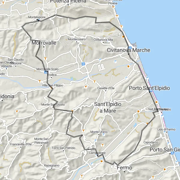 Miniatura della mappa di ispirazione al ciclismo "La Strada delle Colline Marchigiane" nella regione di Marche, Italy. Generata da Tarmacs.app, pianificatore di rotte ciclistiche