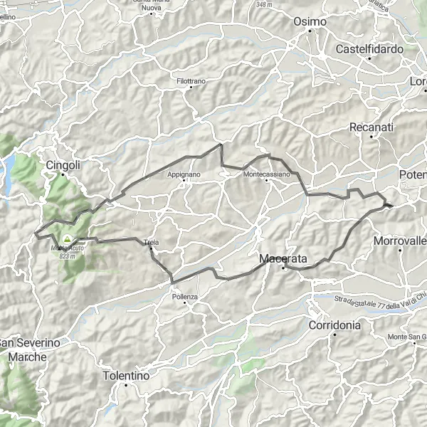 Map miniature of "Montelupone - Monte Carcatora" cycling inspiration in Marche, Italy. Generated by Tarmacs.app cycling route planner