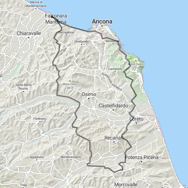 Map miniature of "Montelupone - Loreto" cycling inspiration in Marche, Italy. Generated by Tarmacs.app cycling route planner