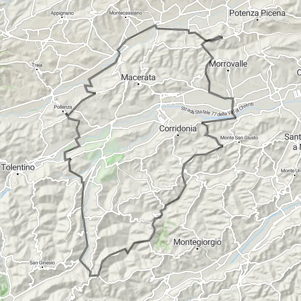 Map miniature of "Montelupone - Monte Tasso" cycling inspiration in Marche, Italy. Generated by Tarmacs.app cycling route planner