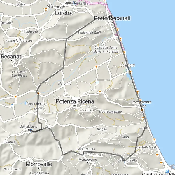 Map miniature of "Montelupone - Monte Tasso Short Loop" cycling inspiration in Marche, Italy. Generated by Tarmacs.app cycling route planner