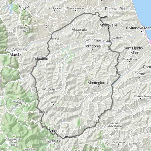 Miniatura mapy "Przejazd kolarski od Morrovalle do Monte Tasso" - trasy rowerowej w Marche, Italy. Wygenerowane przez planer tras rowerowych Tarmacs.app