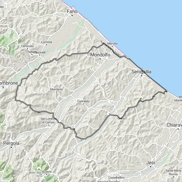 Miniatura della mappa di ispirazione al ciclismo "Montignano-Marzocca - Mulino ad Olio - Cerasa - Cesano" nella regione di Marche, Italy. Generata da Tarmacs.app, pianificatore di rotte ciclistiche