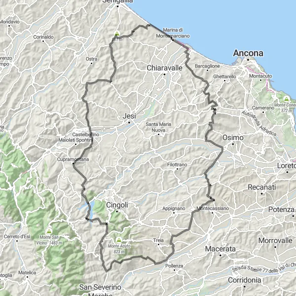 Miniatura della mappa di ispirazione al ciclismo "In the Heart of Marche" nella regione di Marche, Italy. Generata da Tarmacs.app, pianificatore di rotte ciclistiche