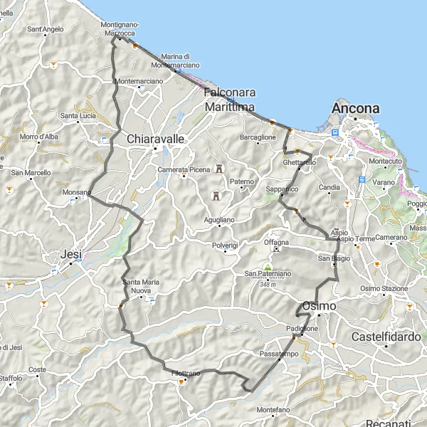 Map miniature of "Montagnolo Loop" cycling inspiration in Marche, Italy. Generated by Tarmacs.app cycling route planner