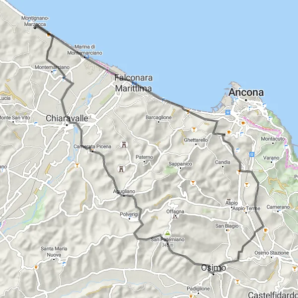 Miniatura della mappa di ispirazione al ciclismo "Percorso ciclistico tra Montignano-Marzocca" nella regione di Marche, Italy. Generata da Tarmacs.app, pianificatore di rotte ciclistiche