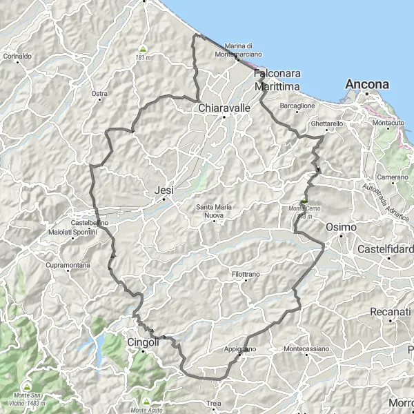 Miniatura della mappa di ispirazione al ciclismo "Giro in bicicletta da Montignano-Marzocca" nella regione di Marche, Italy. Generata da Tarmacs.app, pianificatore di rotte ciclistiche