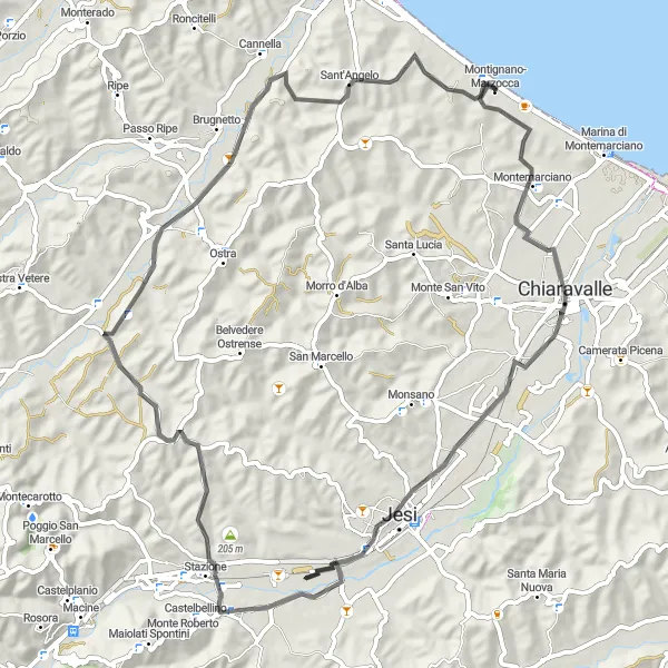 Map miniature of "Chiaravalle and Pianello Loop" cycling inspiration in Marche, Italy. Generated by Tarmacs.app cycling route planner