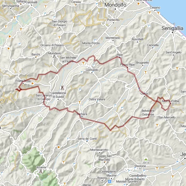 Miniatura della mappa di ispirazione al ciclismo "Avventura gravel da Belvedere Ostrense a Torre Civica" nella regione di Marche, Italy. Generata da Tarmacs.app, pianificatore di rotte ciclistiche