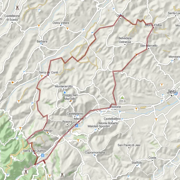 Miniatuurkaart van de fietsinspiratie "Gravelavontuur naar Serra San Quirico" in Marche, Italy. Gemaakt door de Tarmacs.app fietsrouteplanner