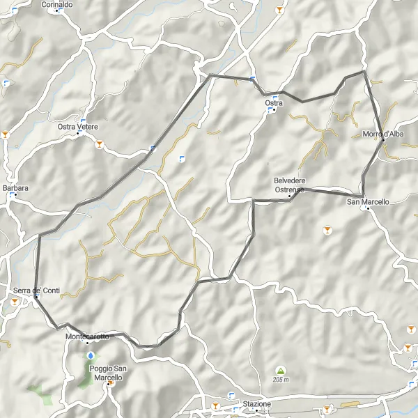 Miniatura della mappa di ispirazione al ciclismo "Ciclismo in collina tra Belvedere Ostrense e Torre Civica" nella regione di Marche, Italy. Generata da Tarmacs.app, pianificatore di rotte ciclistiche