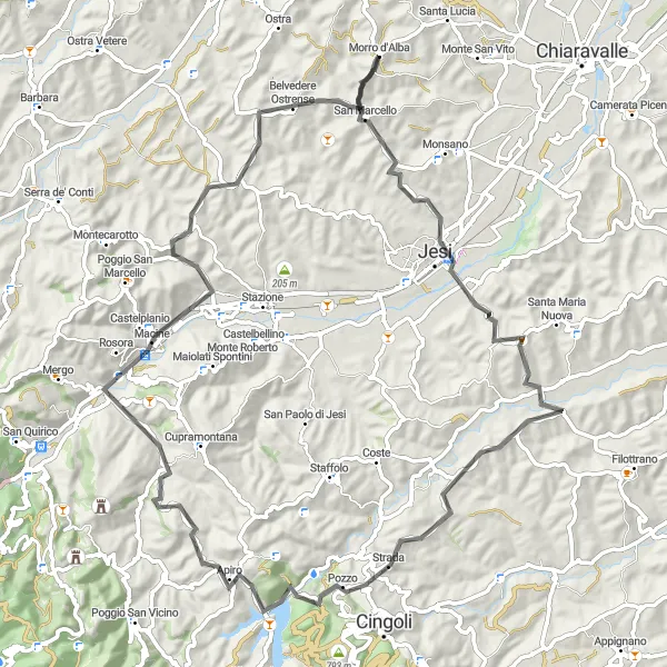 Map miniature of "Morro d'Alba to Belvedere Ostrense Loop" cycling inspiration in Marche, Italy. Generated by Tarmacs.app cycling route planner