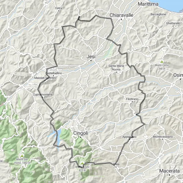 Miniatura della mappa di ispirazione al ciclismo "Tour ciclistico attraverso Borghetto e Cupramontana" nella regione di Marche, Italy. Generata da Tarmacs.app, pianificatore di rotte ciclistiche