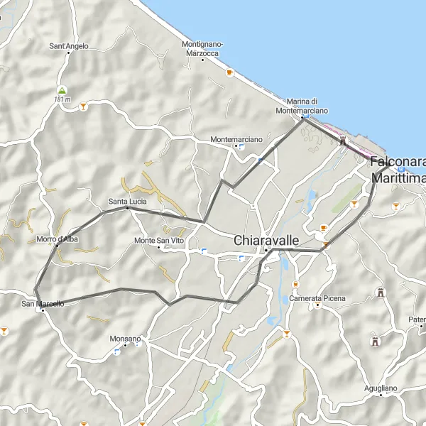 Miniatura della mappa di ispirazione al ciclismo "Scoperta dei tesori nascosti da Chiaravalle a San Marcello" nella regione di Marche, Italy. Generata da Tarmacs.app, pianificatore di rotte ciclistiche