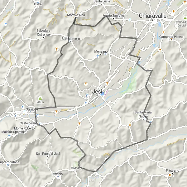 Miniatura della mappa di ispirazione al ciclismo "Giro in bicicletta da Morro d'Alba attraverso Monte San Vito" nella regione di Marche, Italy. Generata da Tarmacs.app, pianificatore di rotte ciclistiche