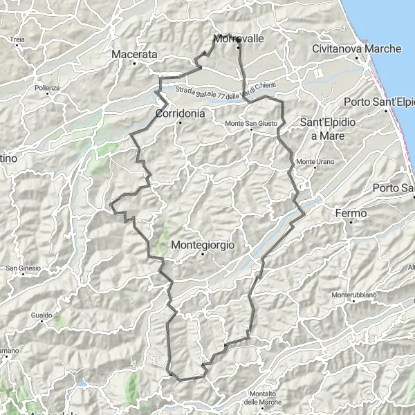 Miniatura della mappa di ispirazione al ciclismo "La Rotta delle Colline Marchigiane" nella regione di Marche, Italy. Generata da Tarmacs.app, pianificatore di rotte ciclistiche
