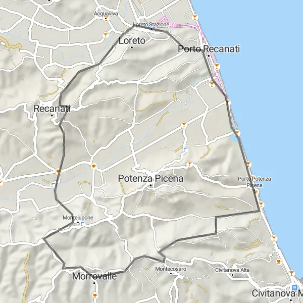 Miniature de la carte de l'inspiration cycliste "Les collines de Montelupone" dans la Marche, Italy. Générée par le planificateur d'itinéraire cycliste Tarmacs.app