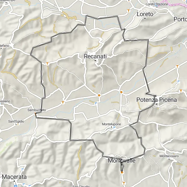 Miniatura della mappa di ispirazione al ciclismo "Veduta dei Monti Sibillini - Potenza Picena Loop" nella regione di Marche, Italy. Generata da Tarmacs.app, pianificatore di rotte ciclistiche