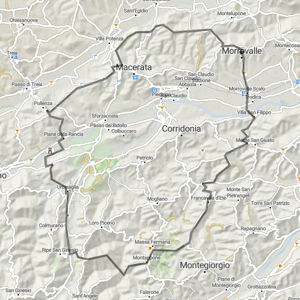 Miniature de la carte de l'inspiration cycliste "Aventure à travers les collines jusqu'à Pollenza" dans la Marche, Italy. Générée par le planificateur d'itinéraire cycliste Tarmacs.app