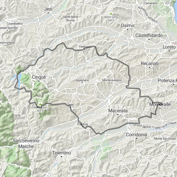 Miniature de la carte de l'inspiration cycliste "Parcours vallonné jusqu'à Montefano" dans la Marche, Italy. Générée par le planificateur d'itinéraire cycliste Tarmacs.app