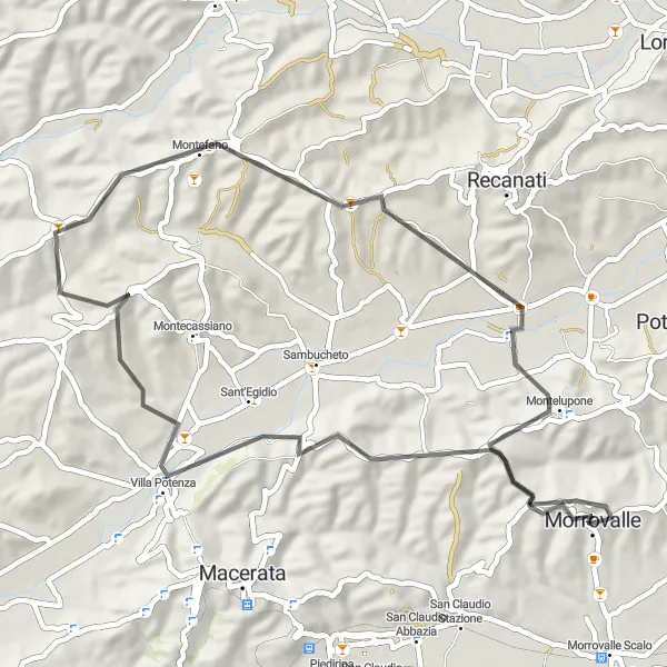 Miniatura della mappa di ispirazione al ciclismo "Tra le colline di Macerata" nella regione di Marche, Italy. Generata da Tarmacs.app, pianificatore di rotte ciclistiche