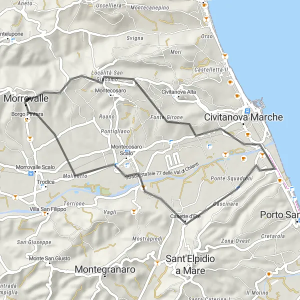 Map miniature of "Picturesque Countryside and Quirky Festivals" cycling inspiration in Marche, Italy. Generated by Tarmacs.app cycling route planner