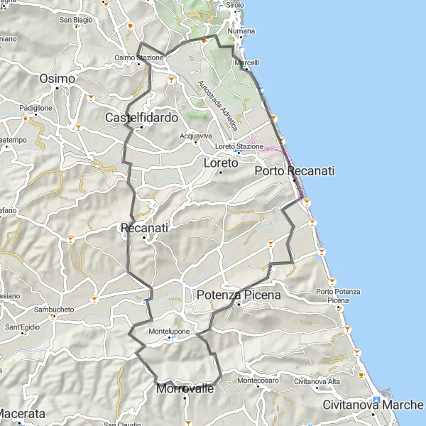 Miniatura della mappa di ispirazione al ciclismo "Giro in bicicletta da Morrovalle a Numana" nella regione di Marche, Italy. Generata da Tarmacs.app, pianificatore di rotte ciclistiche