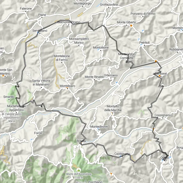 Map miniature of "Hills of Carassai" cycling inspiration in Marche, Italy. Generated by Tarmacs.app cycling route planner