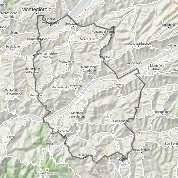 Map miniature of "Montedinove Panorama" cycling inspiration in Marche, Italy. Generated by Tarmacs.app cycling route planner