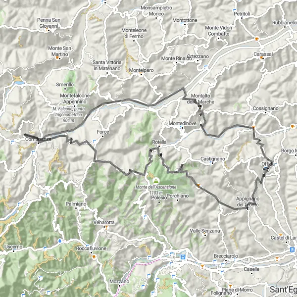 Miniatura della mappa di ispirazione al ciclismo "Vuelta in bicicletta verso il Monte la Torre" nella regione di Marche, Italy. Generata da Tarmacs.app, pianificatore di rotte ciclistiche