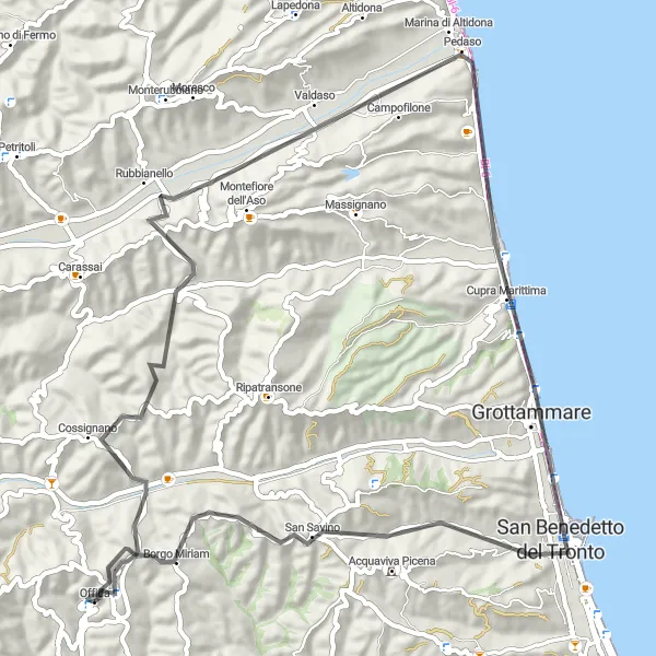 Map miniature of "Cossignano Loop" cycling inspiration in Marche, Italy. Generated by Tarmacs.app cycling route planner