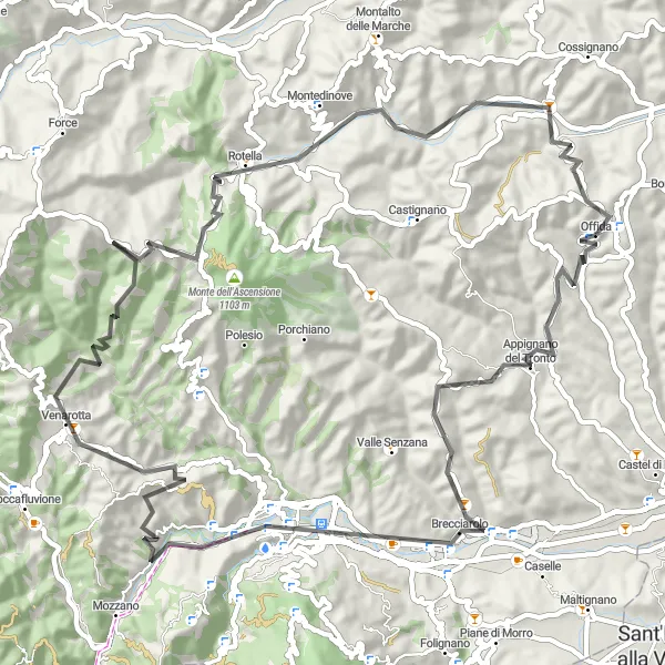 Miniatuurkaart van de fietsinspiratie "Cycling tour van Offida naar Ponte Tesino" in Marche, Italy. Gemaakt door de Tarmacs.app fietsrouteplanner