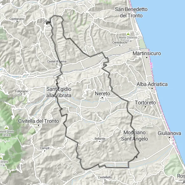 Map miniature of "Offida - Sant'Egidio alla Vibrata Loop" cycling inspiration in Marche, Italy. Generated by Tarmacs.app cycling route planner
