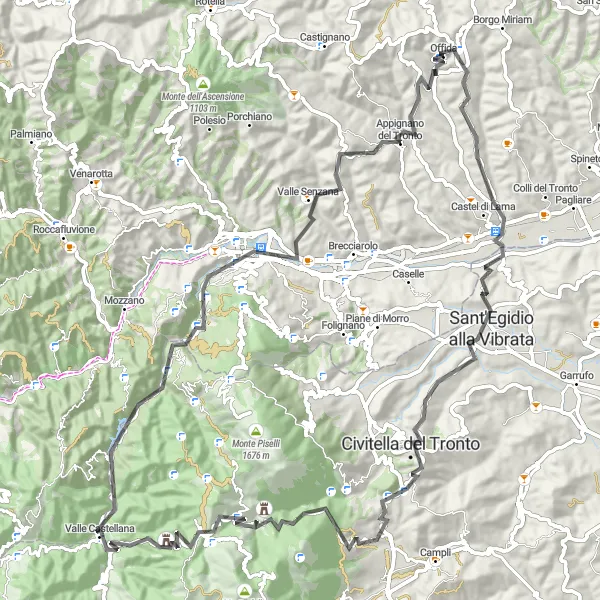 Miniatuurkaart van de fietsinspiratie "Heuvelachtige uitdaging van Offida naar Civitella del Tronto" in Marche, Italy. Gemaakt door de Tarmacs.app fietsrouteplanner