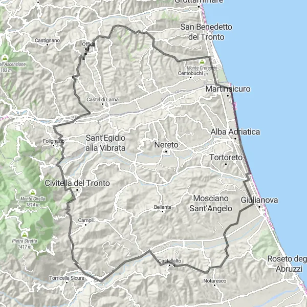 Miniature de la carte de l'inspiration cycliste "Le Tour des Collines Abruzzes" dans la Marche, Italy. Générée par le planificateur d'itinéraire cycliste Tarmacs.app