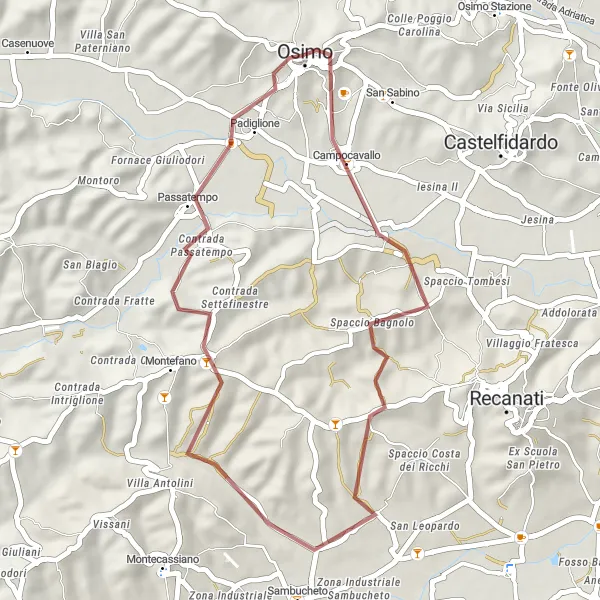 Miniatura della mappa di ispirazione al ciclismo "Avventura in bicicletta tra Campocavallo e Montefiore" nella regione di Marche, Italy. Generata da Tarmacs.app, pianificatore di rotte ciclistiche