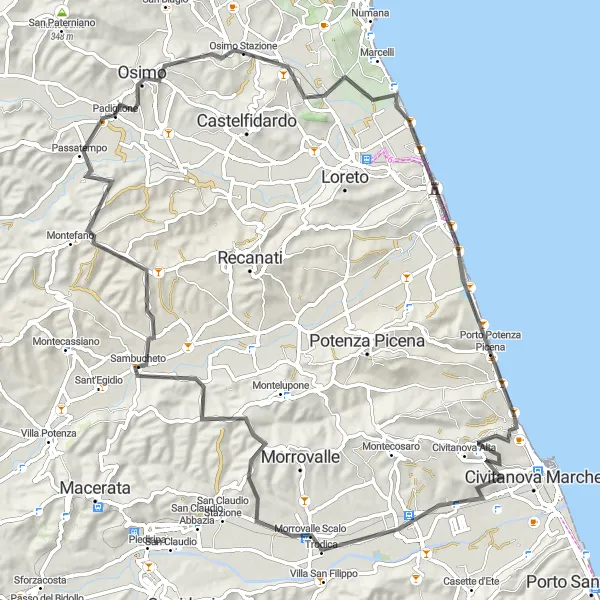 Karten-Miniaturansicht der Radinspiration "Rundweg Osimo - Gòmero - Porto Recanati - Morrovalle Scalo - Passatempo" in Marche, Italy. Erstellt vom Tarmacs.app-Routenplaner für Radtouren