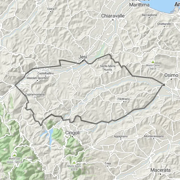 Miniatura della mappa di ispirazione al ciclismo "Giro in bici da Osimo a Jesi" nella regione di Marche, Italy. Generata da Tarmacs.app, pianificatore di rotte ciclistiche