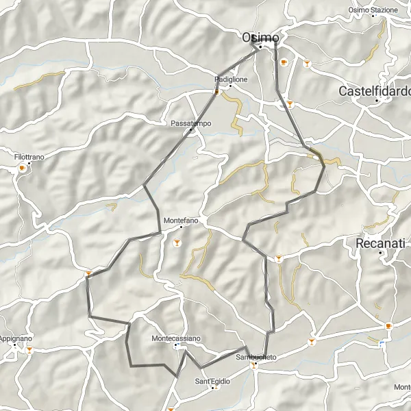 Miniatuurkaart van de fietsinspiratie "Fietsen rond Osimo via Campocavallo en Gòmero" in Marche, Italy. Gemaakt door de Tarmacs.app fietsrouteplanner