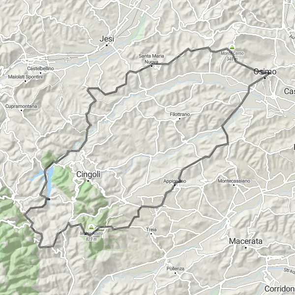 Miniature de la carte de l'inspiration cycliste "Tour en vélo à travers les collines et les montagnes près d'Osimo" dans la Marche, Italy. Générée par le planificateur d'itinéraire cycliste Tarmacs.app