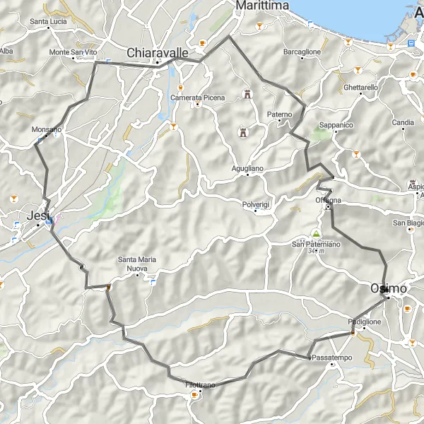 Miniatuurkaart van de fietsinspiratie "Ontdekkingstocht naar Jesi en Balaustra dei Tre Pini" in Marche, Italy. Gemaakt door de Tarmacs.app fietsrouteplanner