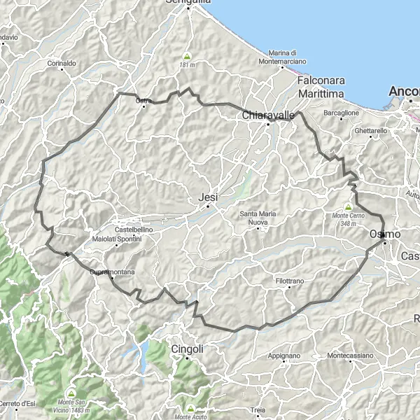 Karten-Miniaturansicht der Radinspiration "Rundtour ab Osimo: Historische Dörfer und Naturschönheiten entdecken" in Marche, Italy. Erstellt vom Tarmacs.app-Routenplaner für Radtouren