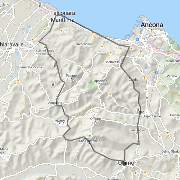 Miniatura della mappa di ispirazione al ciclismo "Scopri la natura tra Gòmero e Falconara Marittima" nella regione di Marche, Italy. Generata da Tarmacs.app, pianificatore di rotte ciclistiche