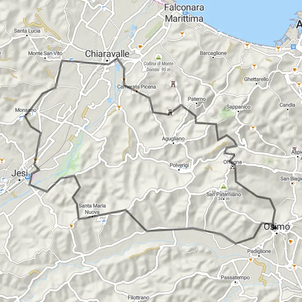 Miniatuurkaart van de fietsinspiratie "Schilderachtige rit naar Balaustra dei Tre Pini" in Marche, Italy. Gemaakt door de Tarmacs.app fietsrouteplanner