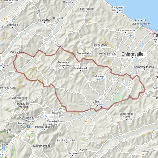 Miniatuurkaart van de fietsinspiratie "Avontuurlijke grindwegen van Marche" in Marche, Italy. Gemaakt door de Tarmacs.app fietsrouteplanner