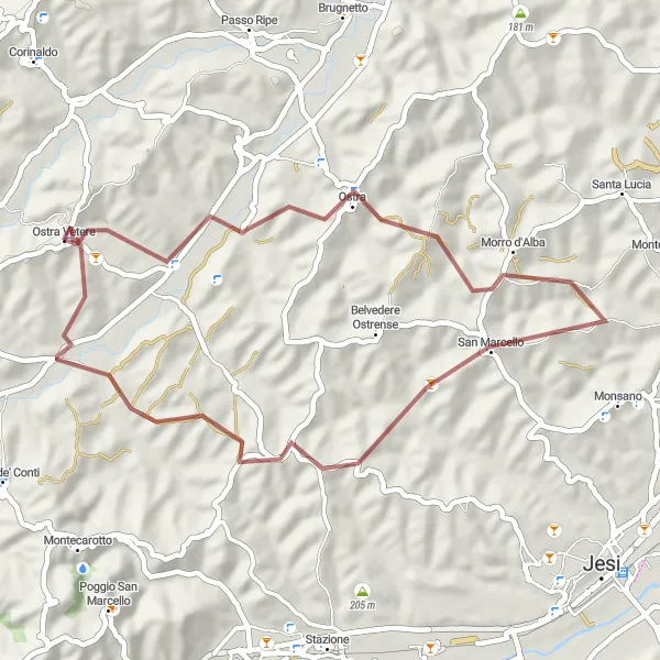 Miniature de la carte de l'inspiration cycliste "Les collines de Marche en gravier" dans la Marche, Italy. Générée par le planificateur d'itinéraire cycliste Tarmacs.app
