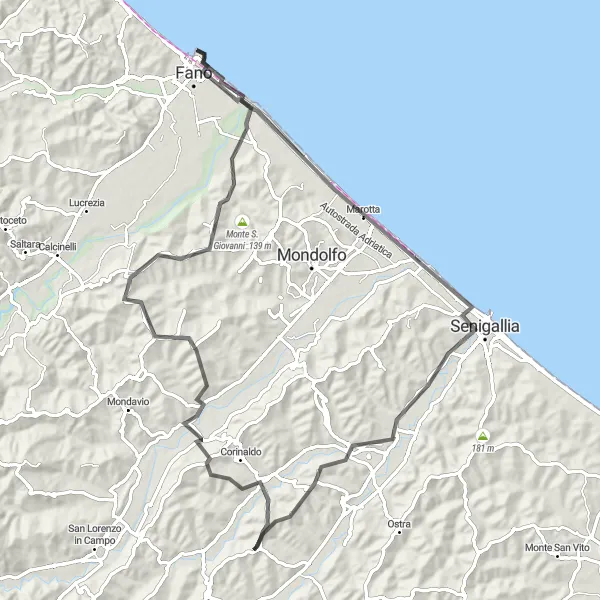 Map miniature of "The Coastal Loop" cycling inspiration in Marche, Italy. Generated by Tarmacs.app cycling route planner