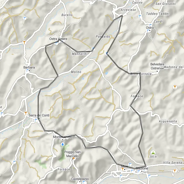 Map miniature of "Explore Moie and Montecarotto" cycling inspiration in Marche, Italy. Generated by Tarmacs.app cycling route planner