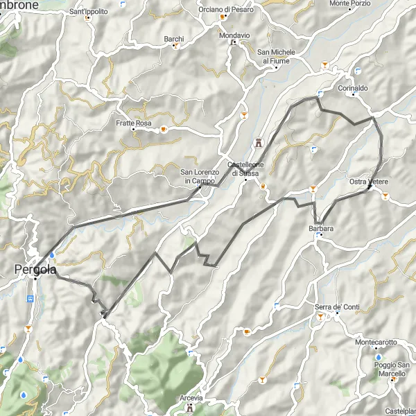 Karten-Miniaturansicht der Radinspiration "Kurvenreiche Straßenroute durch die Natur von Marche" in Marche, Italy. Erstellt vom Tarmacs.app-Routenplaner für Radtouren