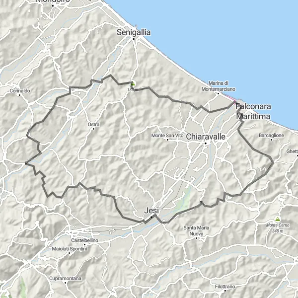 Miniatura della mappa di ispirazione al ciclismo "Giro in bicicletta da Ostra Vetere a Jesi" nella regione di Marche, Italy. Generata da Tarmacs.app, pianificatore di rotte ciclistiche